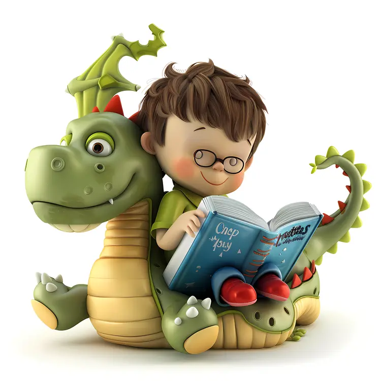 Boy Reading a Book While Sitting on a Dragon