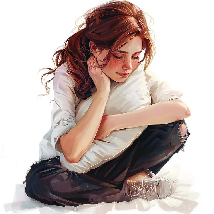 Sad Girl Sitting with Pillow Illustration