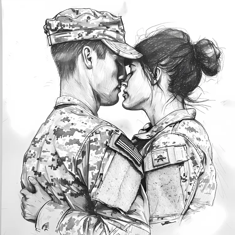 Sketch of Military Couple Embracing