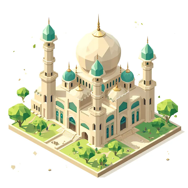 White Mosque with Green Domes and Minarets