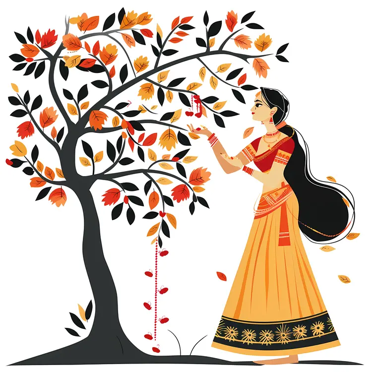 Woman in Traditional Dress Offering to Tree