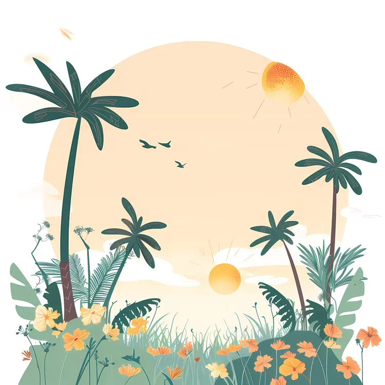 Tropical Sunset with Palm Trees and Flowers
