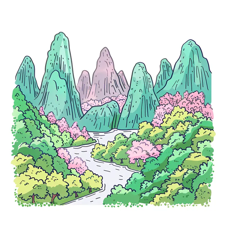 Mountain Landscape with River and Trees
