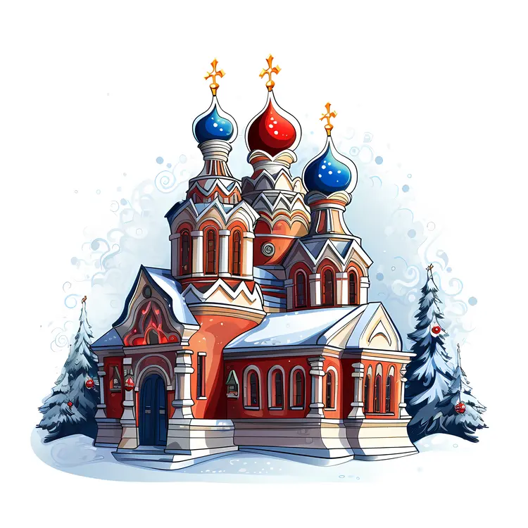 Snowy Russian Orthodox Church with Colorful Domes