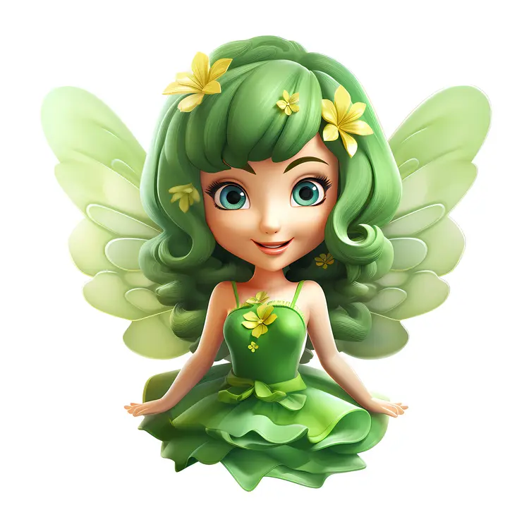 Green Fairy with Wings and Flowers