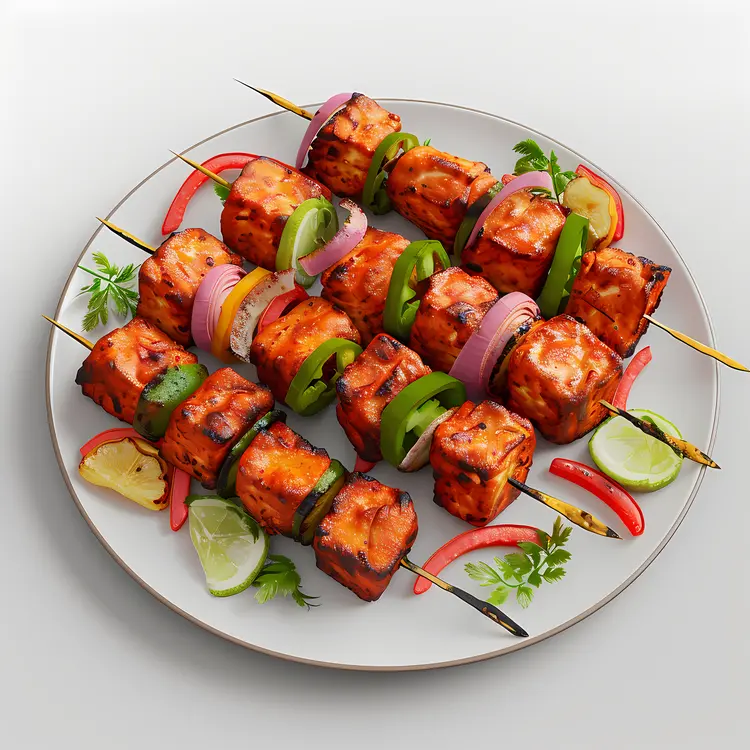 Grilled Skewers with Vegetables on Plate