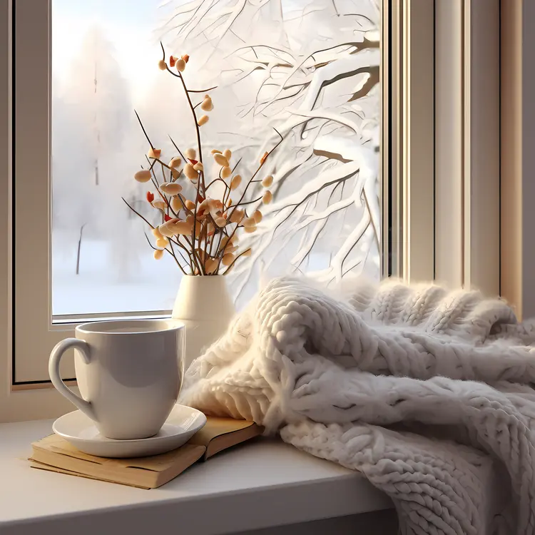 White Mug with Blanket and Book by Snowy Window
