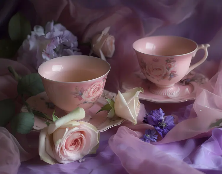 Floral Teacups with Roses and Purple Fabric
