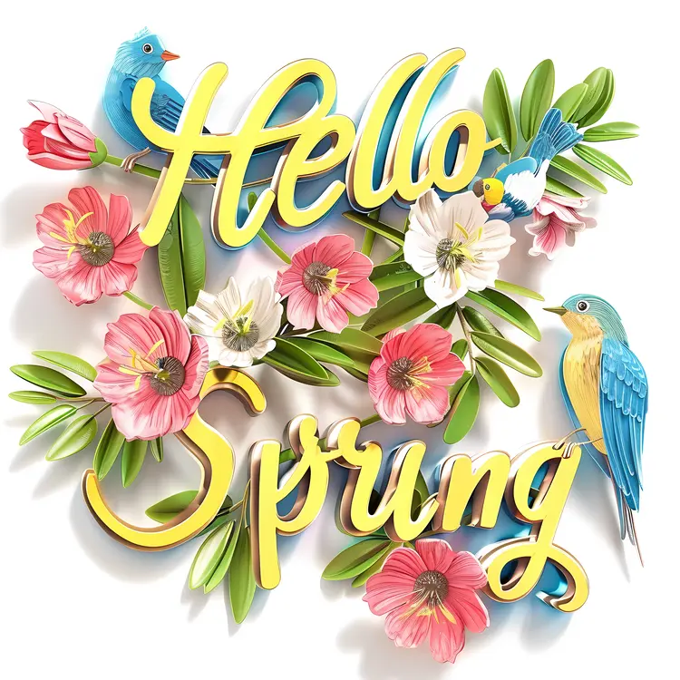 Hello Spring with Colorful Flowers and Birds