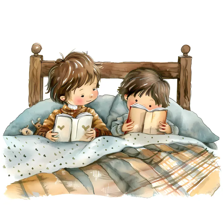 Children Reading Books in Bed with Pillows