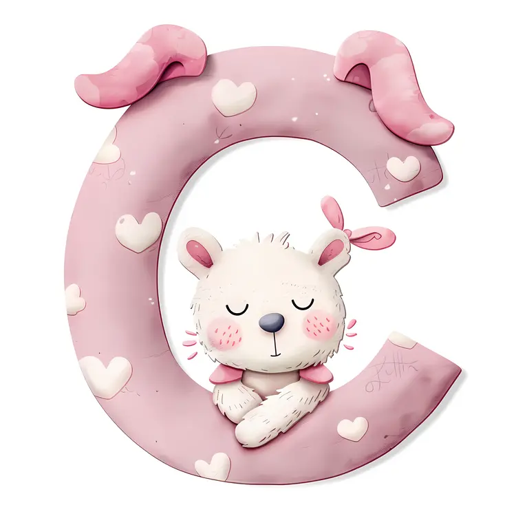 Adorable Letter C with Sleeping Bear and Hearts