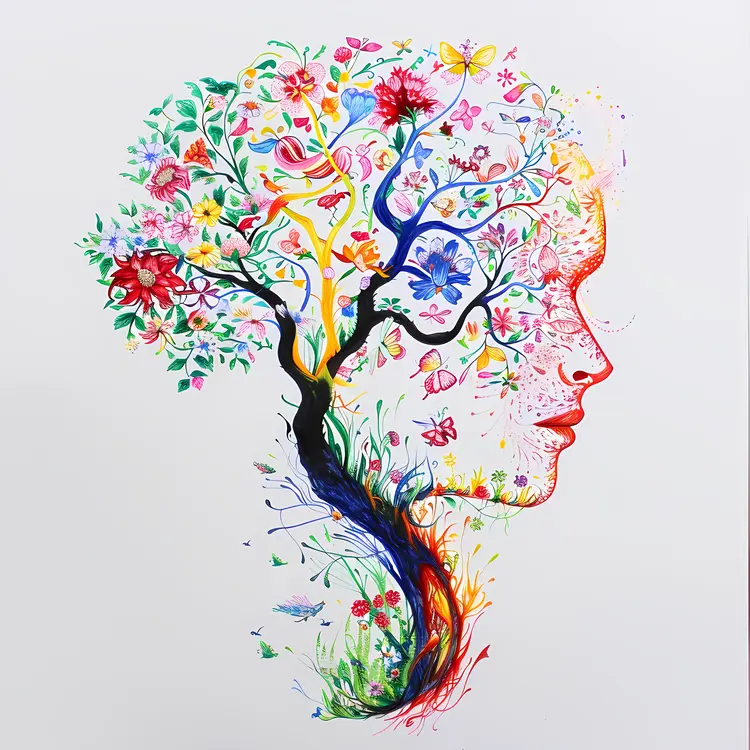 Floral Face with Tree and Flowers