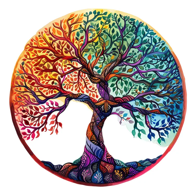 Colorful Tree with Branches and Leaves in a Circle