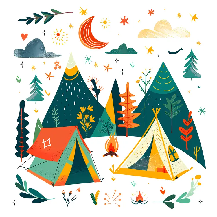 Colorful Camping Scene with Tents and Campfire