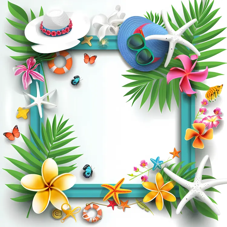 Tropical Summer Frame with Flowers and Hat