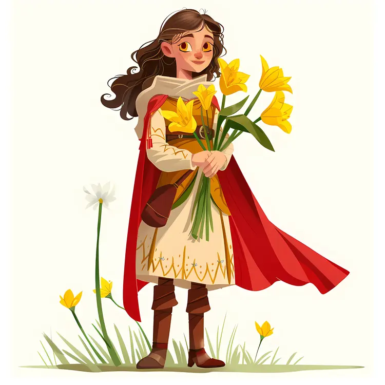 Girl Holding Yellow Flowers in Red Cape