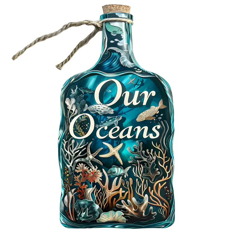Our Oceans Illustration with Marine Life in a Bottle