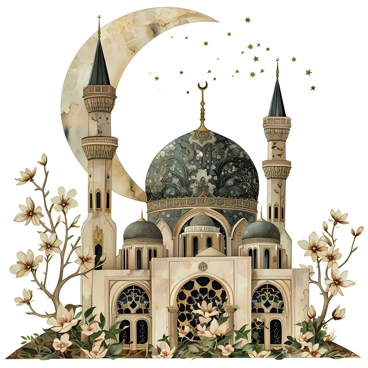 Floral Mosque with Crescent Moon