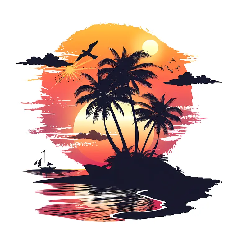 Sunset Beach with Palm Trees and Sailboat