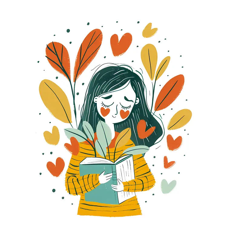Girl Reading Book with Plants and Hearts