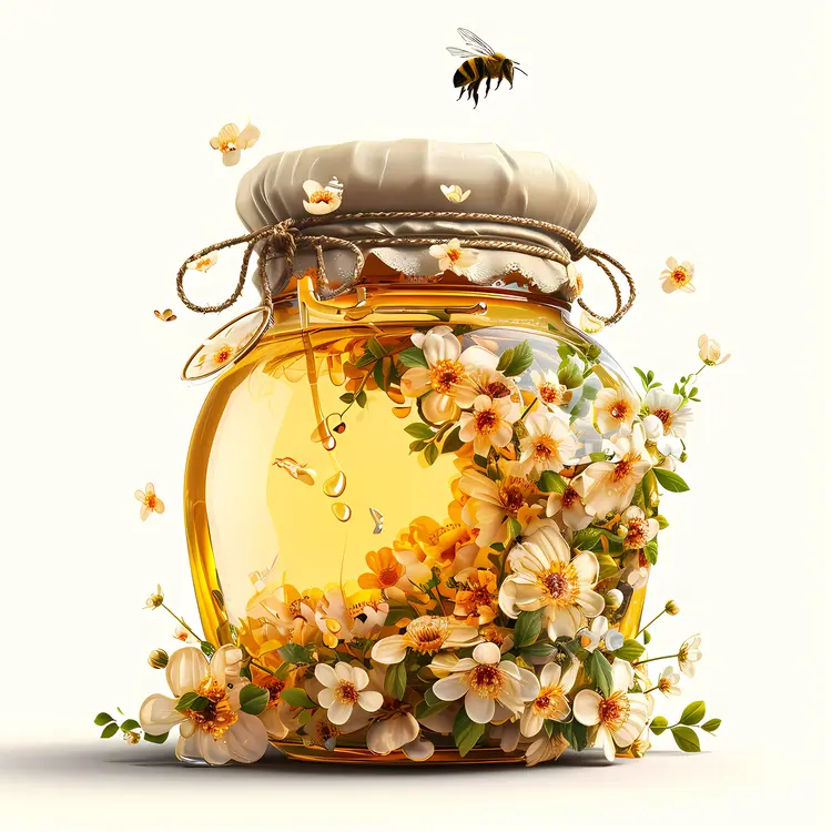 Honey Jar with Bee and Flowers