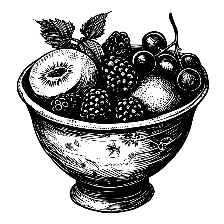 Black and White Fruit Bowl with Kiwi and Blackberries