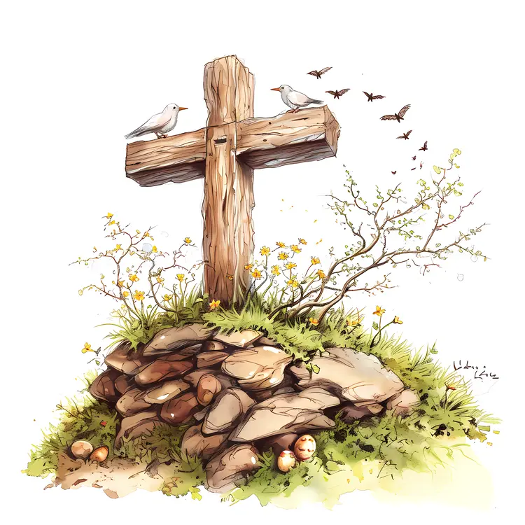 Wooden Cross on Rock Pile with Birds
