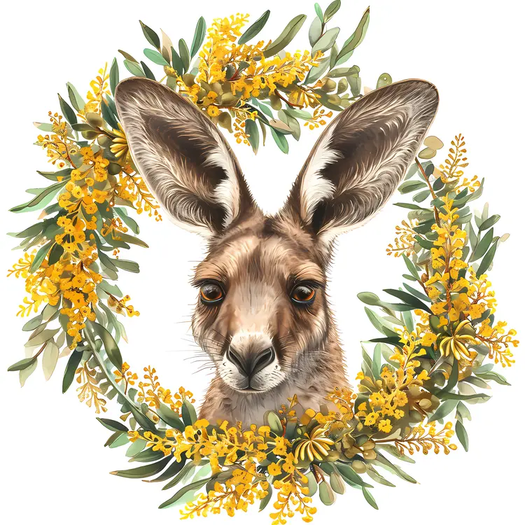 Realistic Kangaroo in Floral Wreath