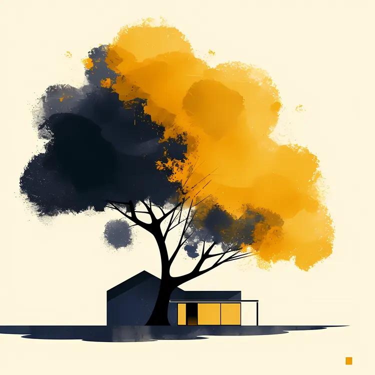 Minimalist House with Yellow and Black Tree