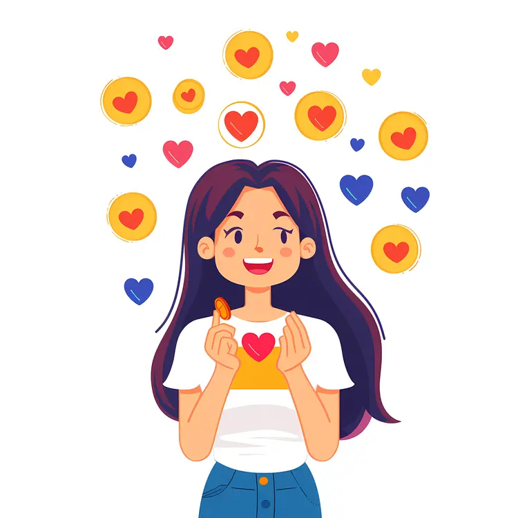 Cartoon Girl Holding Heart with Emojis