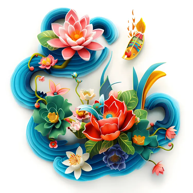 Floral Waves with Water Elements