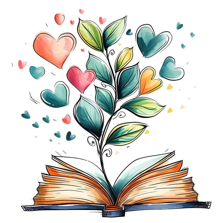 Open Book with Hearts and Plant