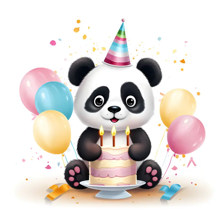 Cute Panda with Birthday Cake and Balloons