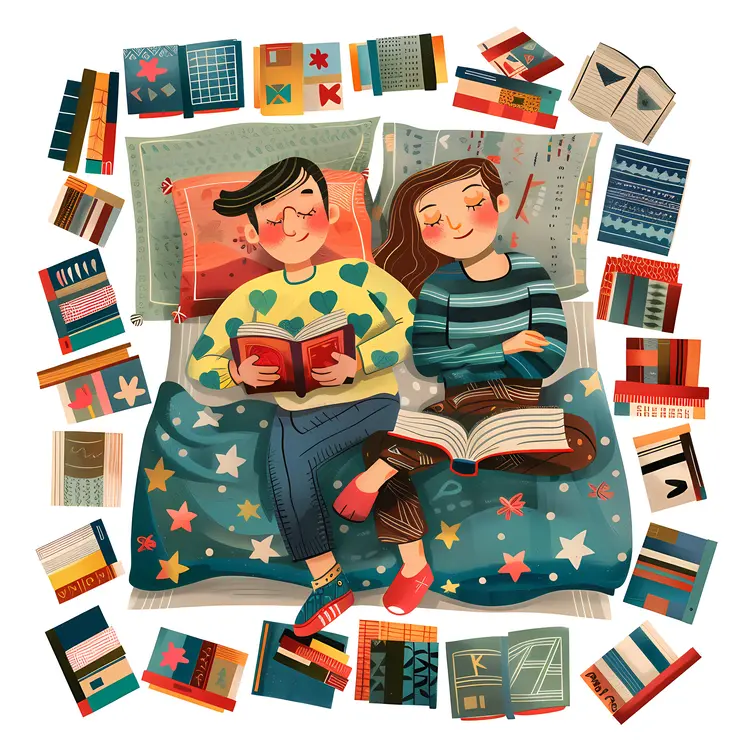Children Reading Books in Bed with Stars