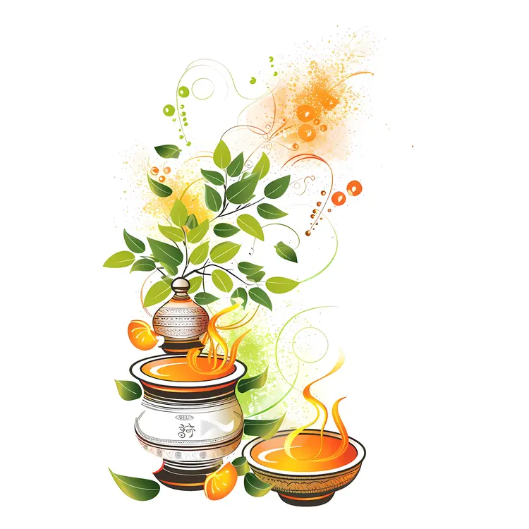 Traditional Ugadi Items with Pots and Leaves