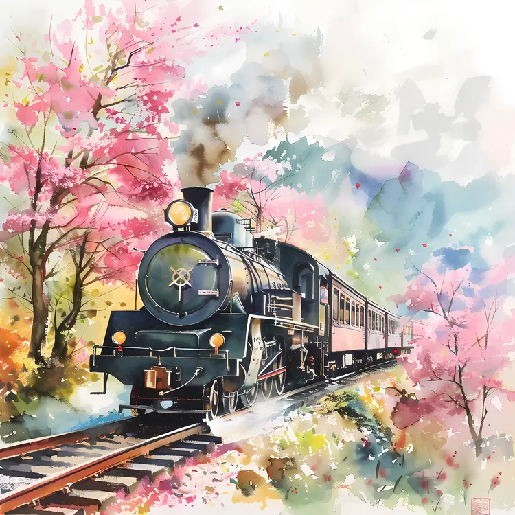 Black Steam Train with Cherry Blossoms
