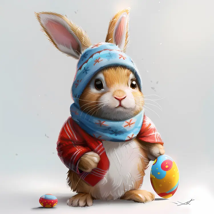 Cartoon Bunny with Scarf Holding Easter Egg