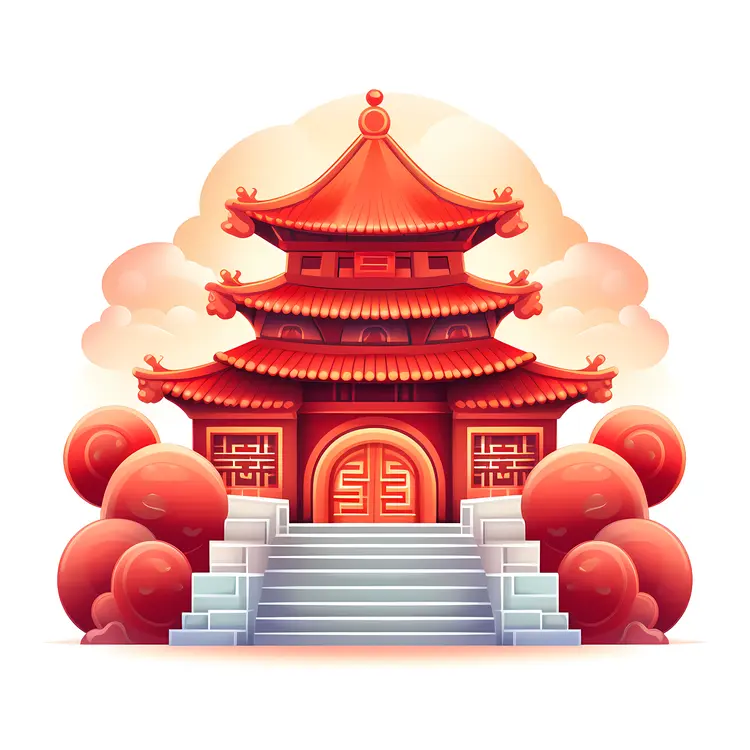 Red Temple with Stairs and Clouds