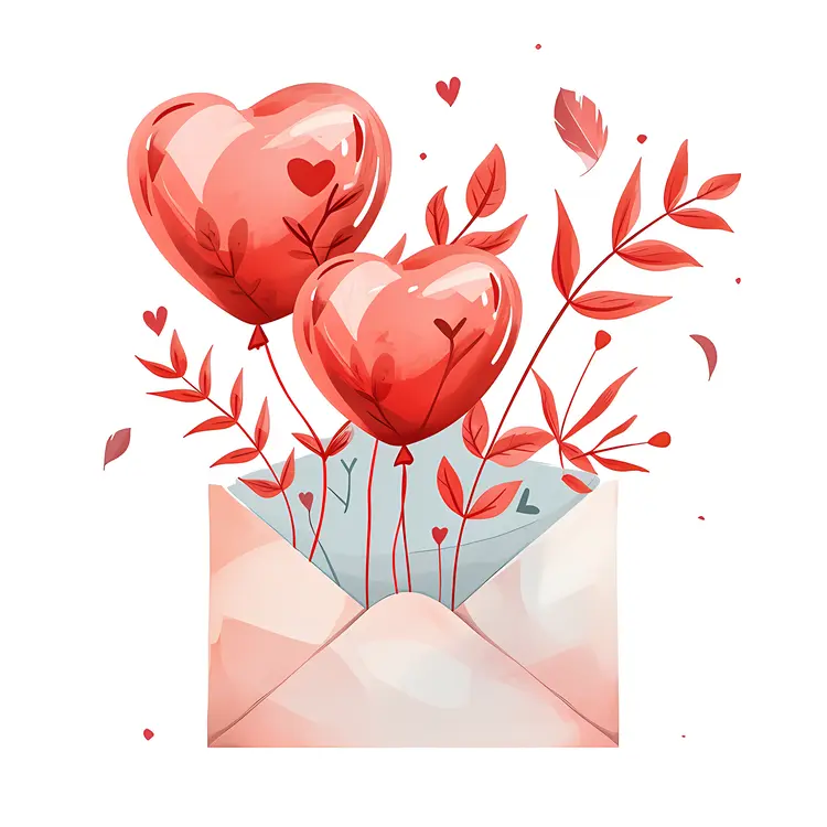 Heart Balloons and Envelope with Leaves Illustration