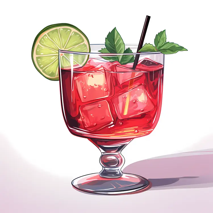 Red Cocktail with Lime and Mint Illustration