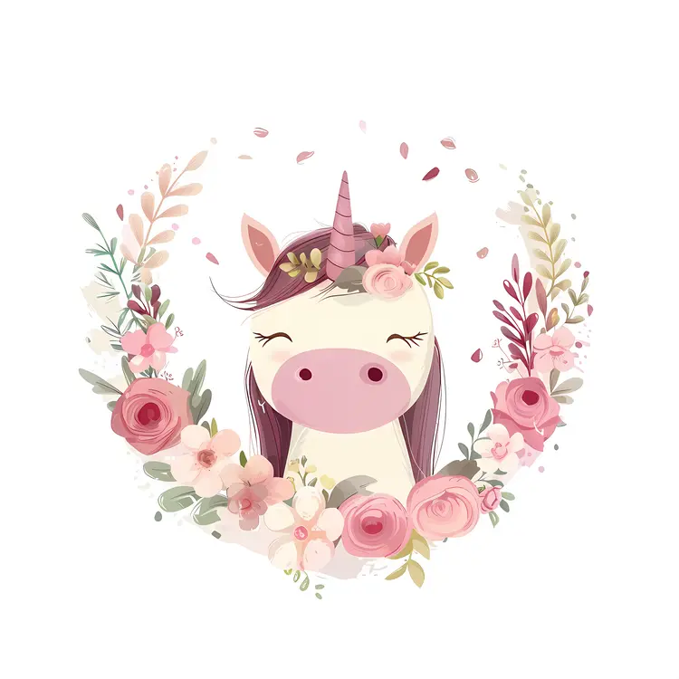 Smiling Unicorn with Floral Wreath