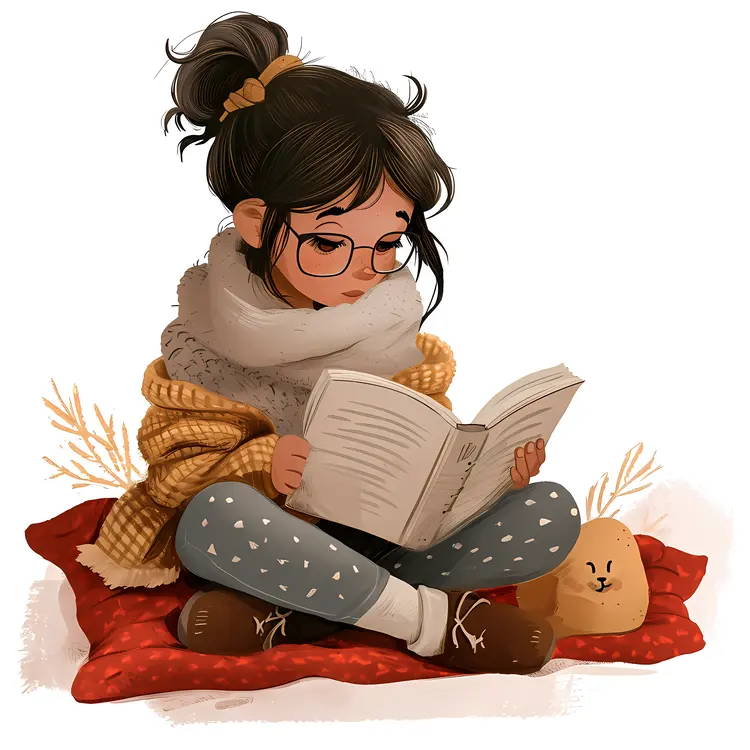Girl with Glasses Reading on Blanket
