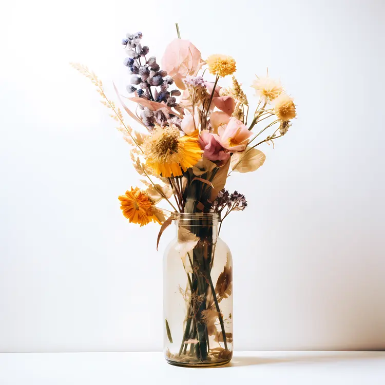 Yellow and Pink Flowers in Glass Jar