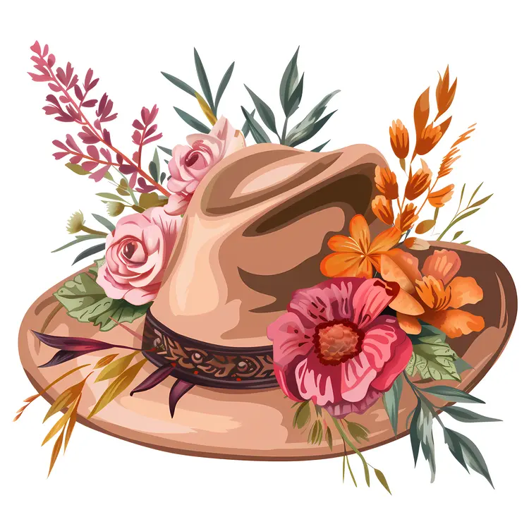 Tan Hat with Orange and Pink Flowers