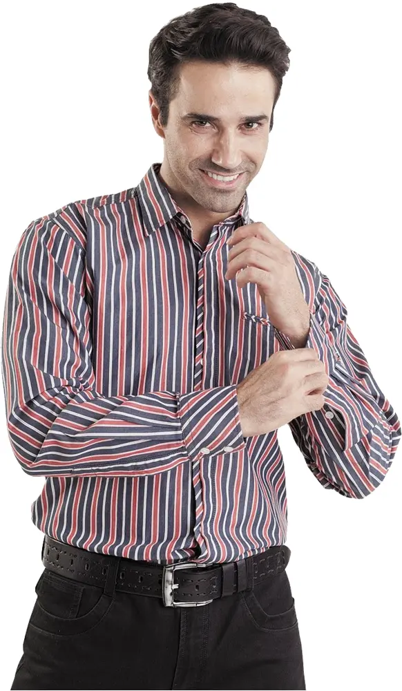 Red and Blue Striped Shirt with Black Belt
