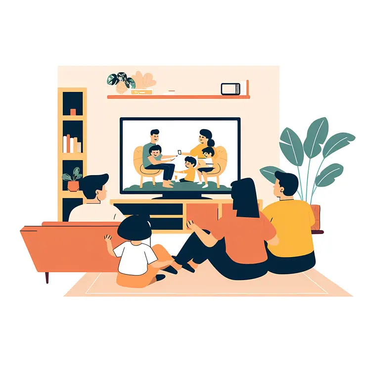 Family Watching TV in Living Room