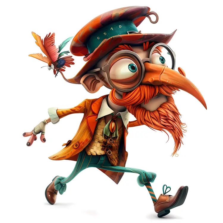 Whimsical Character with Bird on Hat