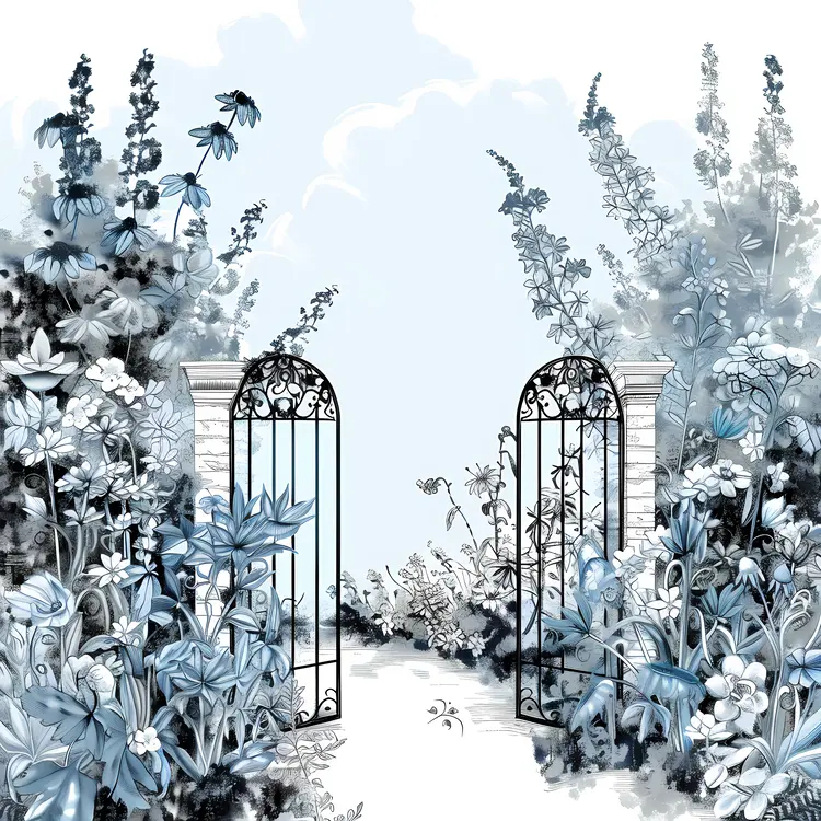 Beautiful Garden Gate with Blue Flowers
