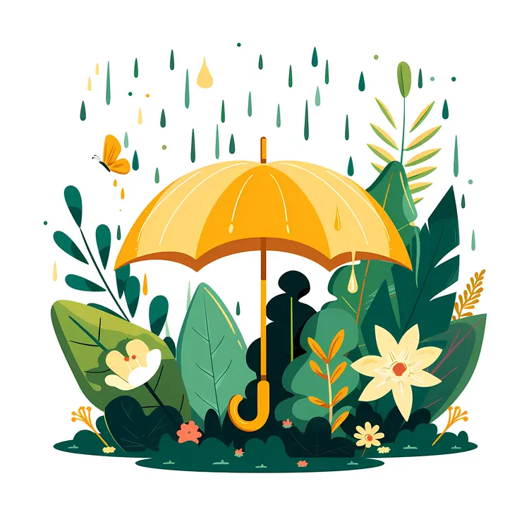Yellow Umbrella with Leaves and Raindrops