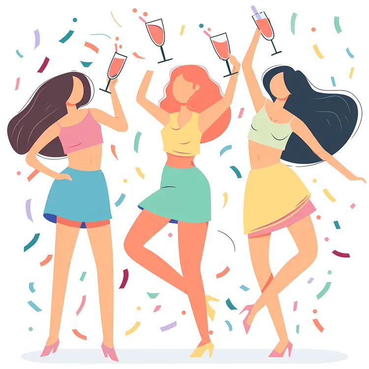 Women Celebrating with Drinks and Confetti